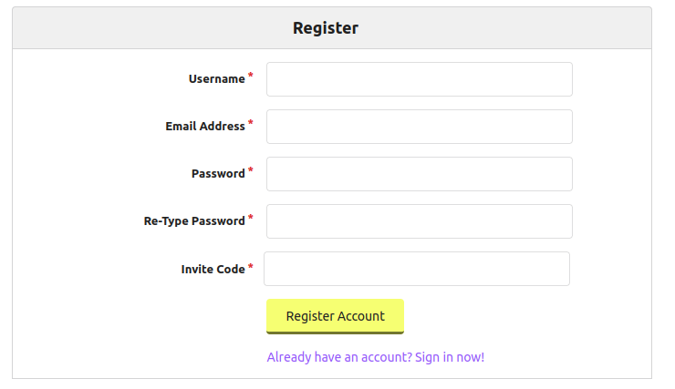 a screenshot of the gitea new account registration form, including an &quot;Invite Code&quot; field at the end