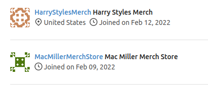 a screenshot of two spam accounts, &quot;HarryStylesMerch&quot; and &quot;MacMillerMerchStore&quot;