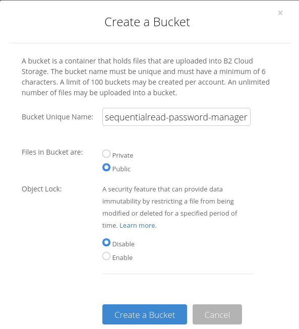screenshot of bucket configuruation
