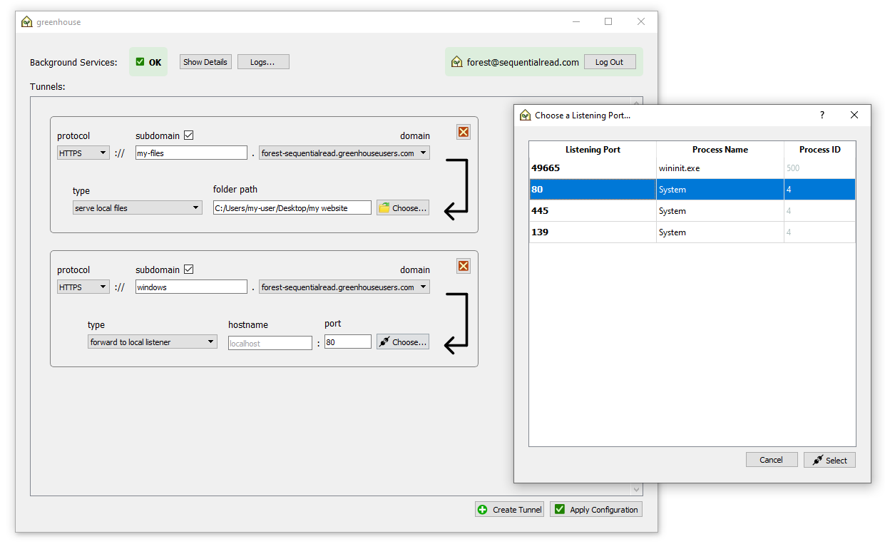 screenshot of tunnel configuration screen highlighting listening port chooser