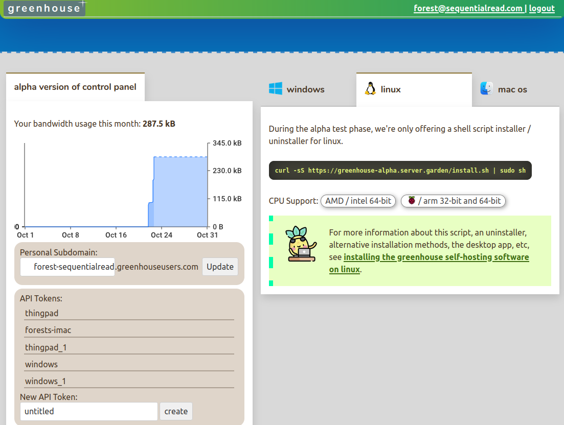 a screenshot of the alpha version of the greenhouse admin panel with &quot;choose your greenhouseusers.com subdomain&quot; feature, a bandwidth usage graph, and cross platform self-hosting software installation options